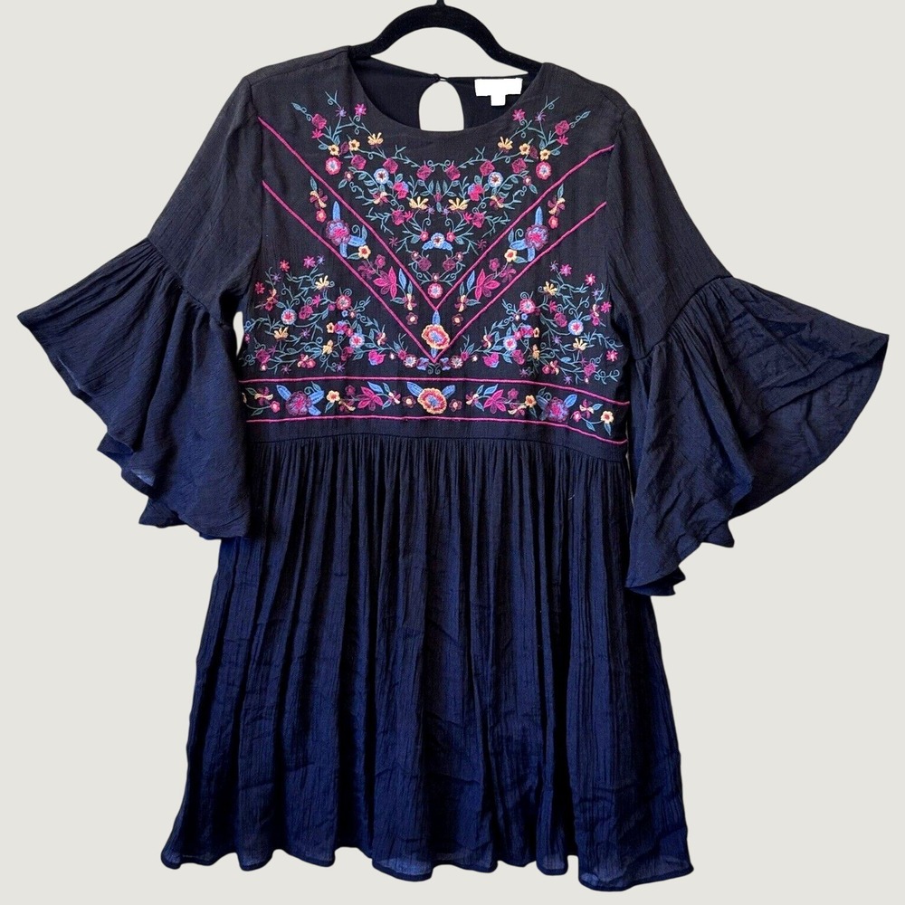 Umgee Floral Embroidered Babydoll Tunic Dress Women Medium Black Boho Whimsigoth